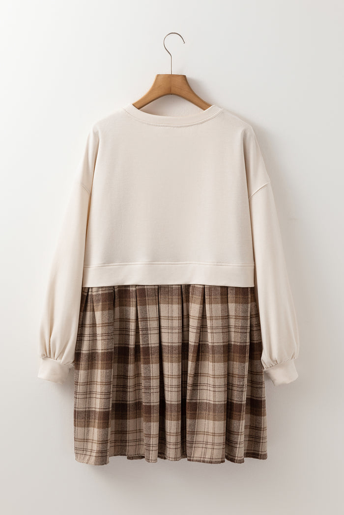 Mini-robe sweat-shirt taille haute à carreaux beige *