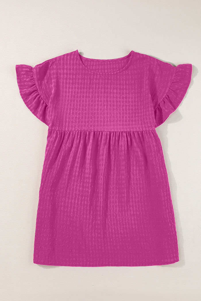 Mini-robe texturée à volants et manches courtes rose rouge