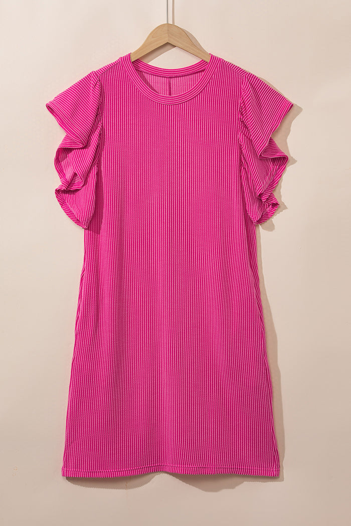 Mini-robe texturée à volants et manches flottantes rouge rose