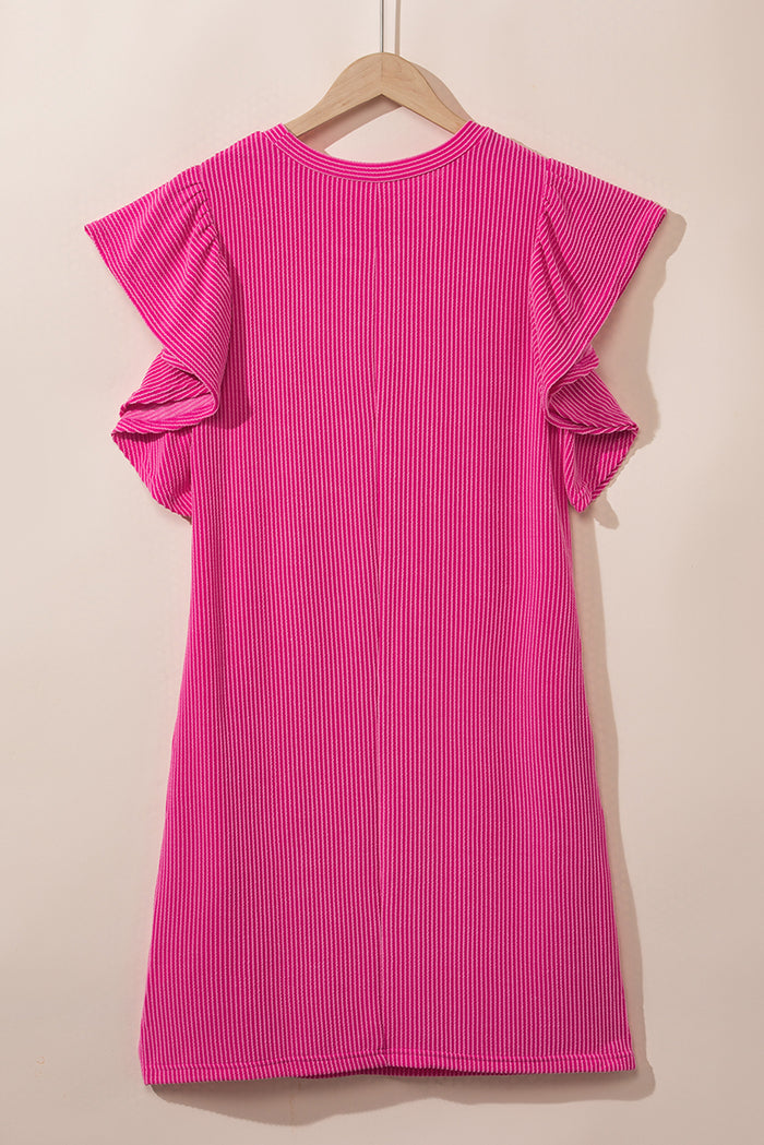 Mini-robe texturée à volants et manches flottantes rouge rose