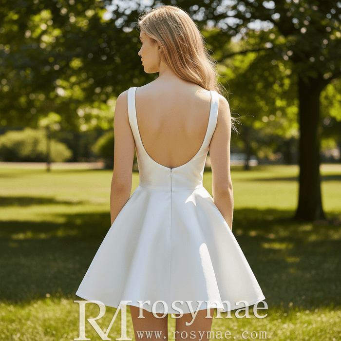 Minimalist Satin Mini Wedding Dress with Square Neckline - Rosymae