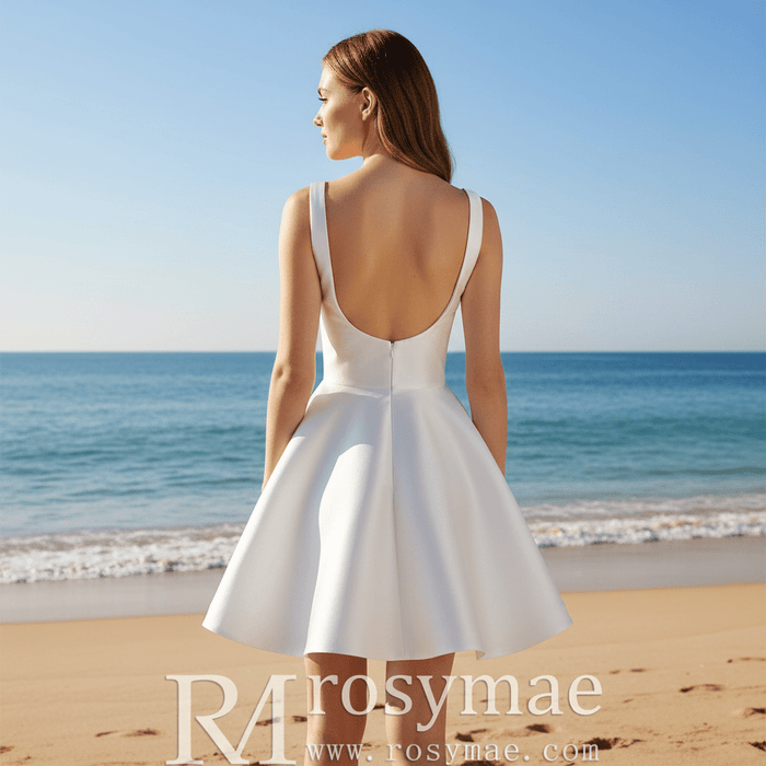 Minimalist Satin Mini Wedding Dress with Square Neckline - Rosymae
