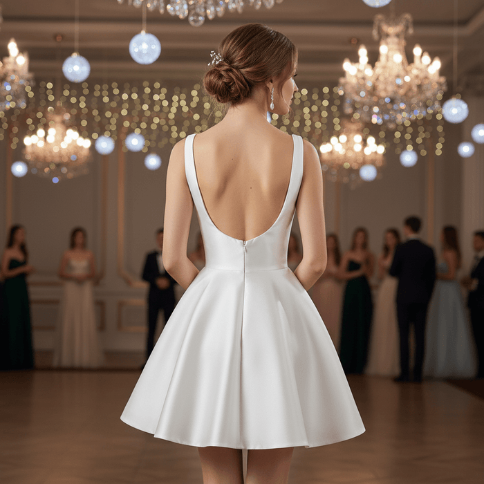 Minimalist Satin Mini Wedding Dress with Square Neckline - Rosymae
