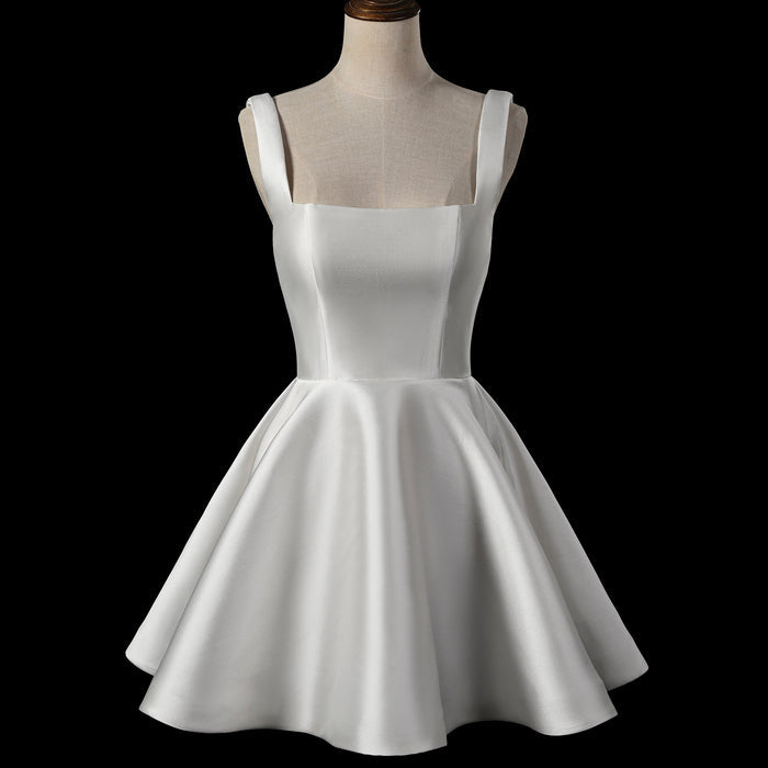 Minimalist Satin Mini Wedding Dress with Square Neckline - Rosymae