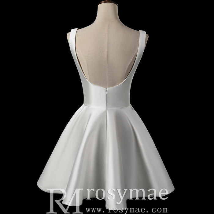 Minimalist Satin Mini Wedding Dress with Square Neckline - Rosymae