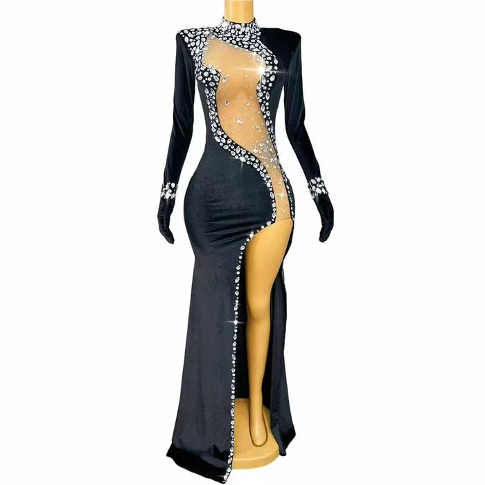 Monet elegant rhinestone high-split prom dress shimmering gown.