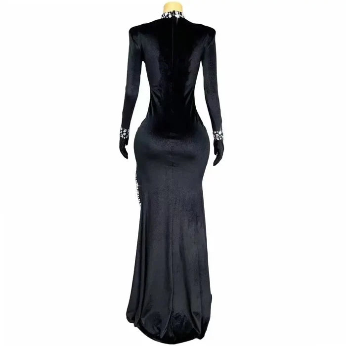 Monet elegant rhinestone high-split prom dress shimmering gown.