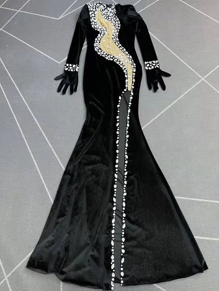 Monet elegant rhinestone high-split prom dress shimmering gown.