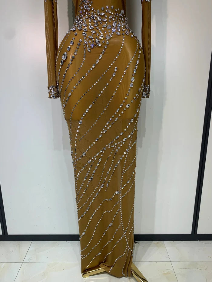 Monet sparkly rhinestone mesh brown long prom dress for women.