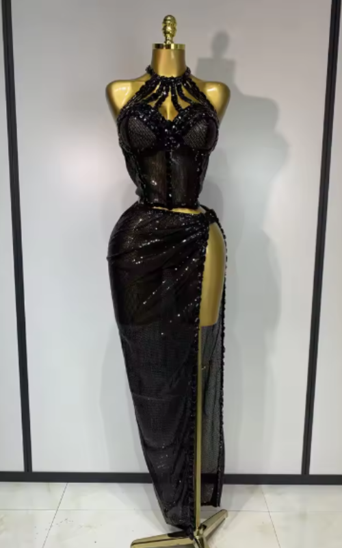 Monroe sparkly rhinestones top and long skirt two-piece evening outfit for women.