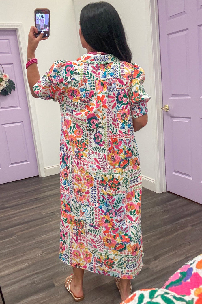 bright multi-colored floral print short sleeve v neckline shirt-style silhouette midi dress