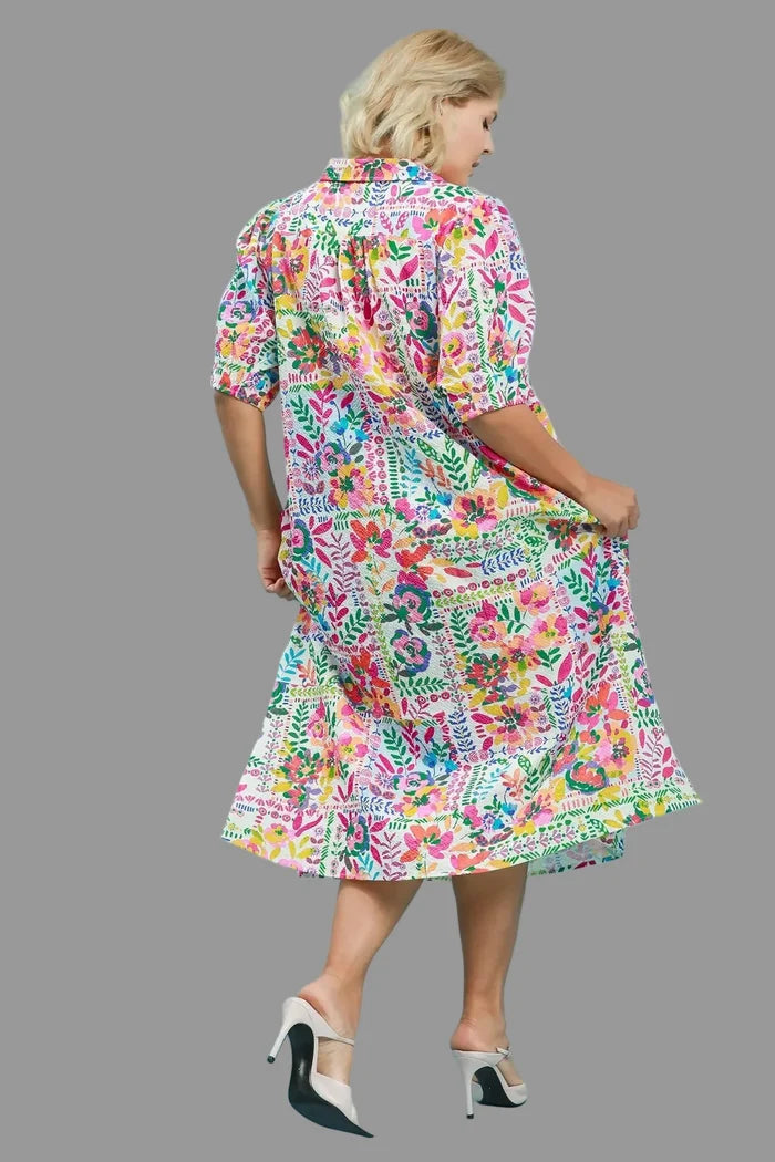 women's plus size bright multi-colored floral print short sleeve v neckline shirt-style silhouette midi dress