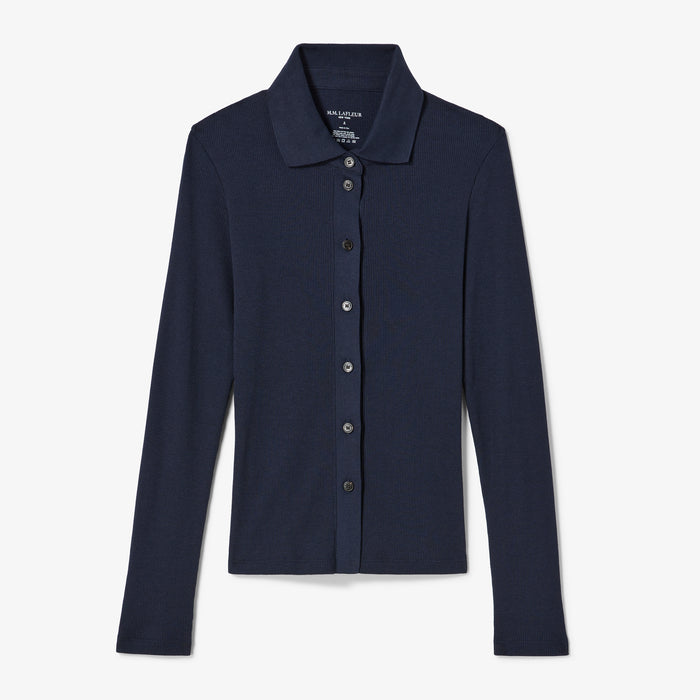 Navy blue button-up shirt on a white background