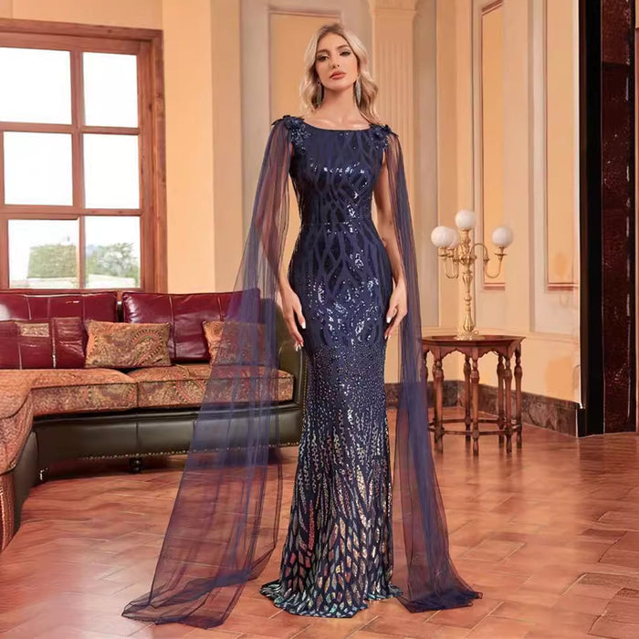 Navy Blue Capped Sleeves Evening Party Dress Backless Prom Dress - Rosymae