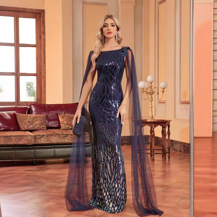 Navy Blue Capped Sleeves Evening Party Dress Backless Prom Dress - Rosymae