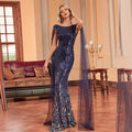 Navy Blue Capped Sleeves Evening Party Dress Backless Prom Dress - Rosymae