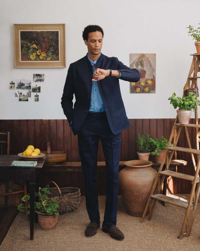 Navy Herringbone Cotton Linen Nehru Jacket, Nehru Jacket - SIRPLUS