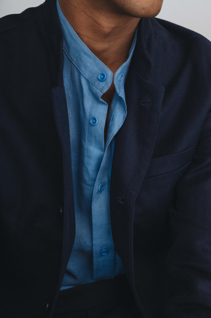 Navy Herringbone Cotton Linen Nehru Jacket, Nehru Jacket - SIRPLUS
