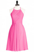 Neon Pink Halter A-Line Short Bridesmaid Dress