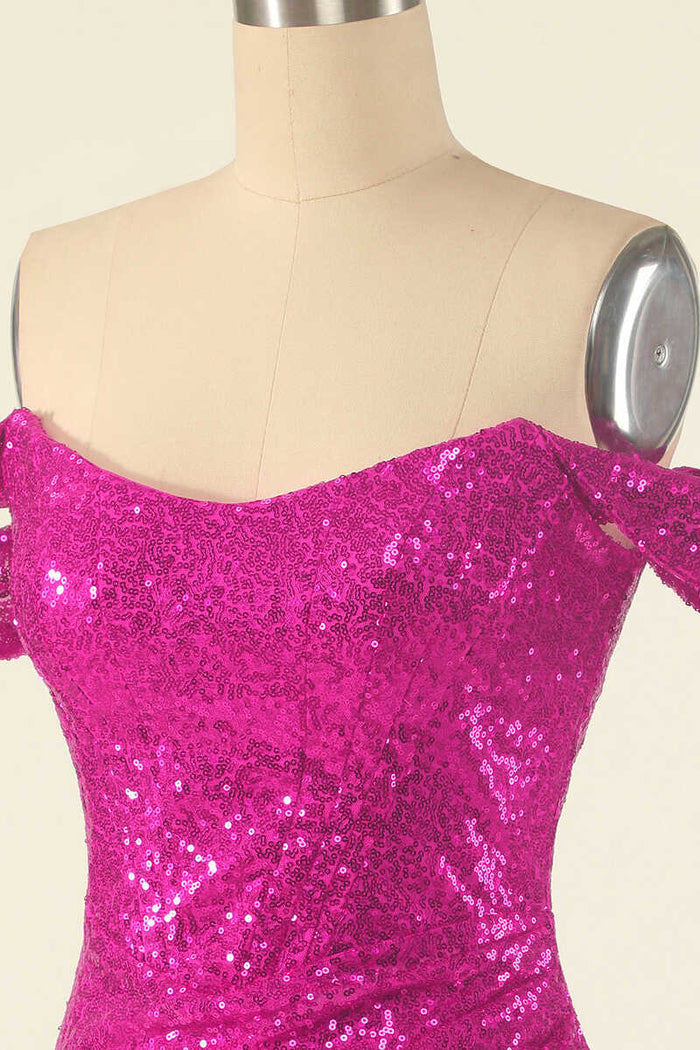 Neon Pink Sequins Off-the-Shoulder Mini Homecoming Dress