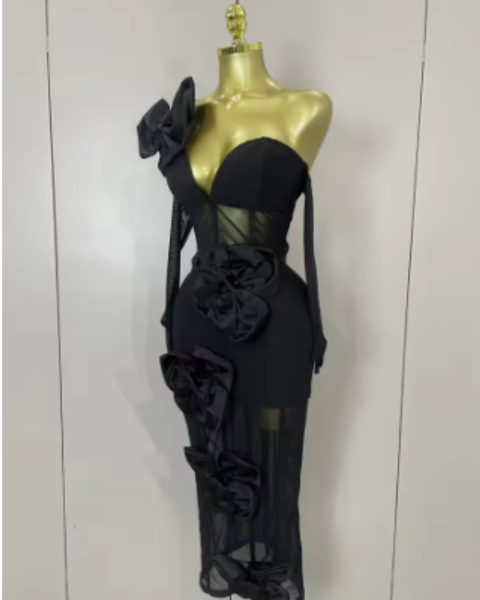 Nia Sexy One Shoulder Bow Mesh See Through Dress With Gloves