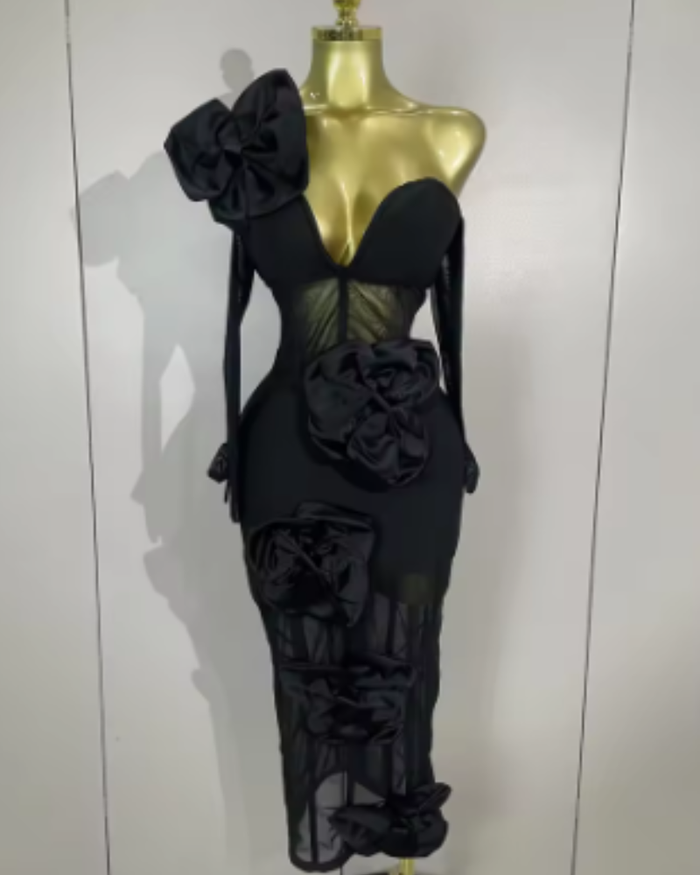 Nia Sexy One Shoulder Bow Mesh See Through Dress With Gloves