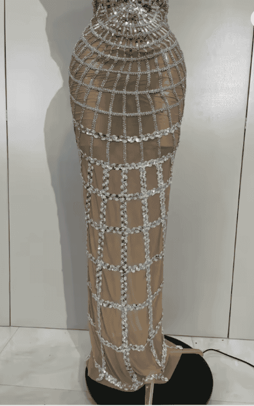Nica shining sequin mesh long dress for women. Transparent sexy evening dress for birthdays, parties, nightclub, photoshoot, and stage wear.