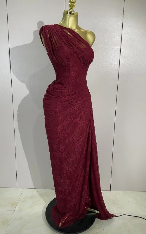 Vintage Red Lace One Shoulder Bodycon Long Dress
