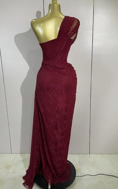 Vintage Red Lace One Shoulder Bodycon Long Dress