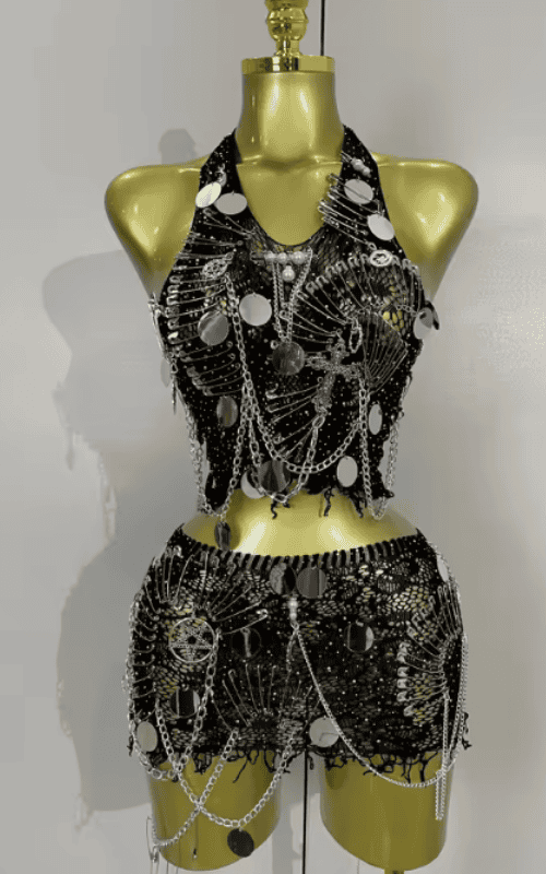 Nikki Sexy Black Sheer Chain Two Piece Mini Dress Set