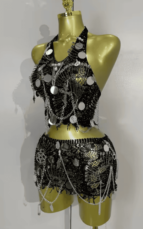 Nikki Sexy Black Sheer Chain Two Piece Mini Dress Set