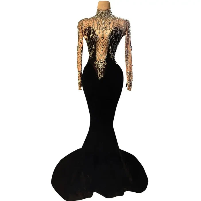 Sexy long formal prom dress made from sparkly velvet fabric. Nina luxury evening gown.