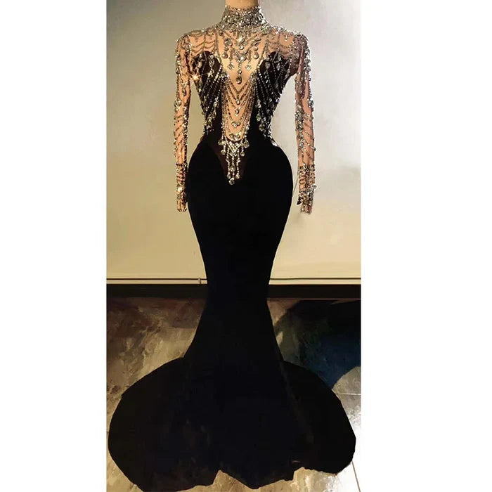 Sexy long formal prom dress made from sparkly velvet fabric. Nina luxury evening gown.