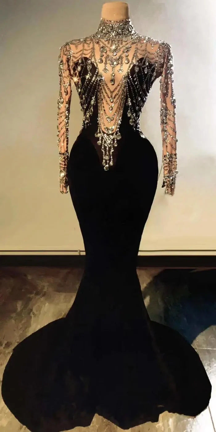 Sexy long formal prom dress made from sparkly velvet fabric. Nina luxury evening gown.