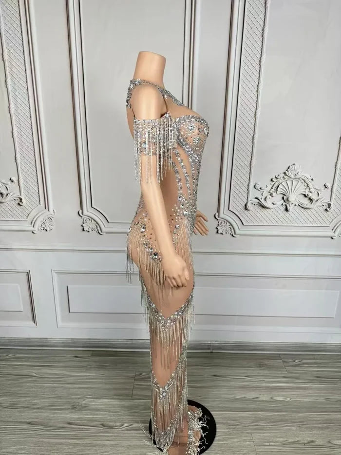 Nyra sexy silver chain fringe mesh see through dress with sparkling chain and fringe accents for women.