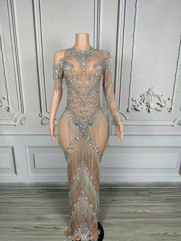Nyra sexy silver chain fringe mesh see through dress with sparkling chain and fringe accents for women.