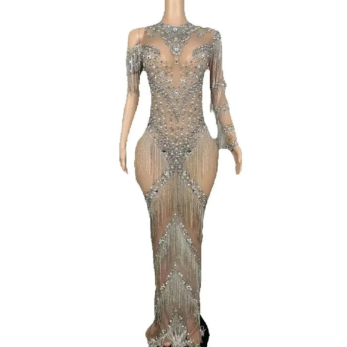 Nyra sexy silver chain fringe mesh see through dress with sparkling chain and fringe accents for women.