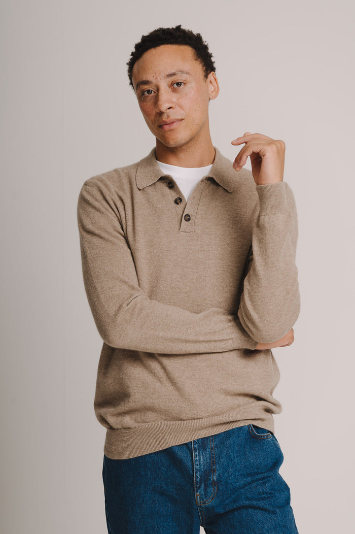 Oat Cashmere Long Sleeve Polo, Long-Sleeve Polo Shirt - SIRPLUS