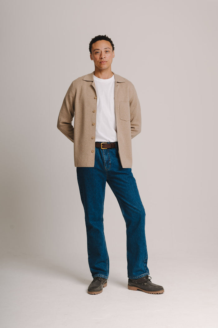 Oatmeal Merino Knit Polo Shirt, Long-Sleeve Polo Shirt - SIRPLUS