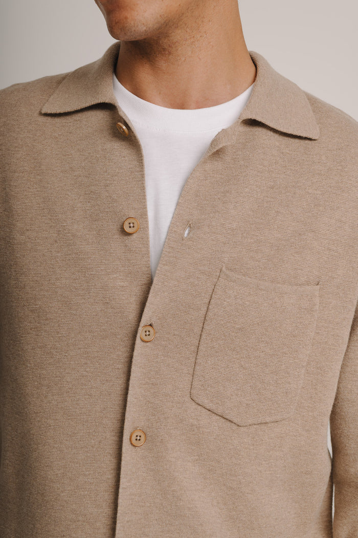 Oatmeal Merino Knit Polo Shirt, Long-Sleeve Polo Shirt - SIRPLUS