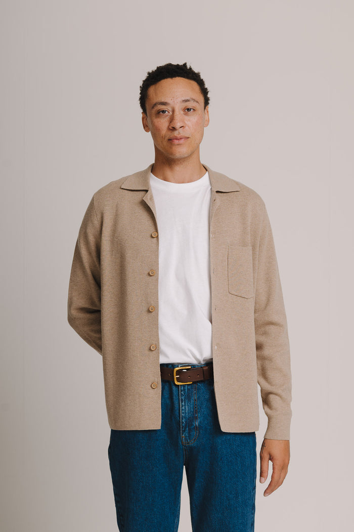 Oatmeal Merino Knit Polo Shirt, Long-Sleeve Polo Shirt - SIRPLUS