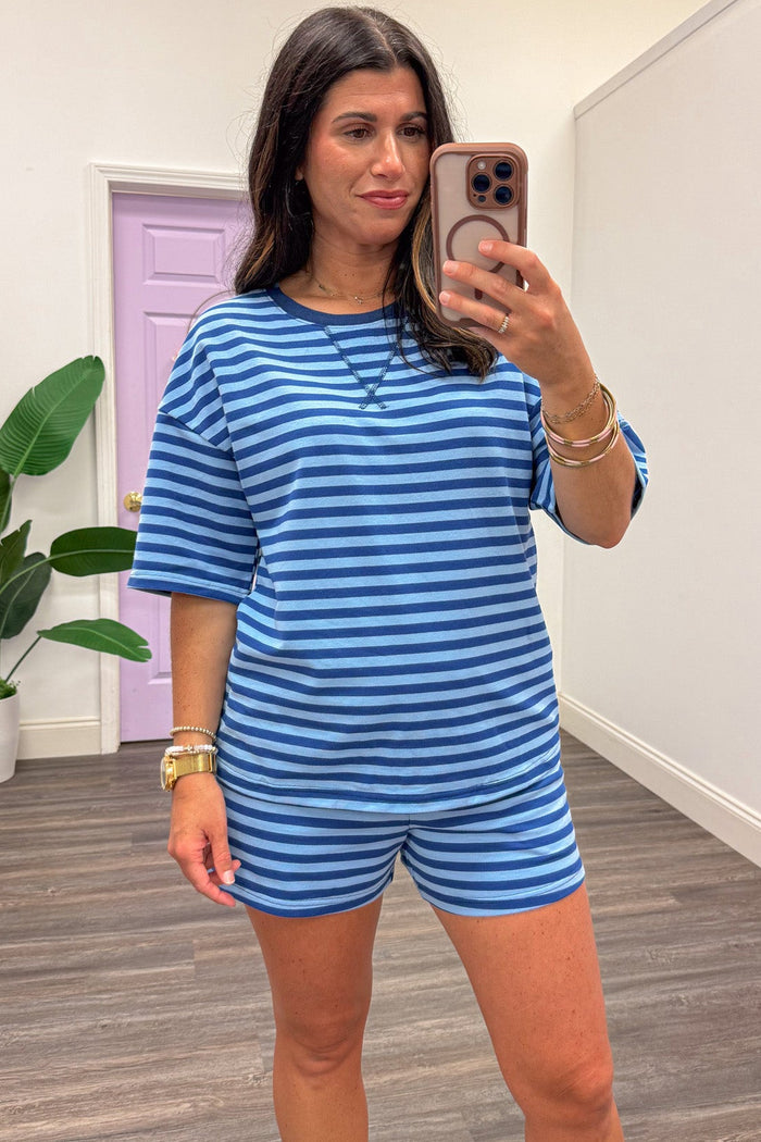 light blue and royal blue striped crew neckline top and shorts matching athleisure set