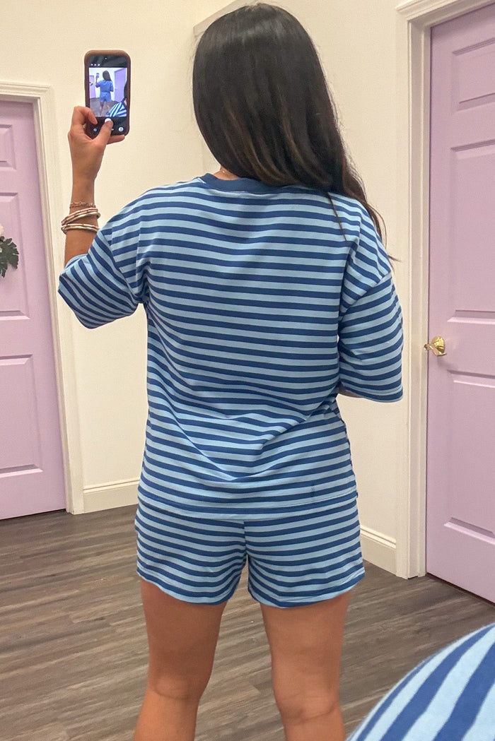 light blue and royal blue striped top and shorts matching athleisure loungewear set