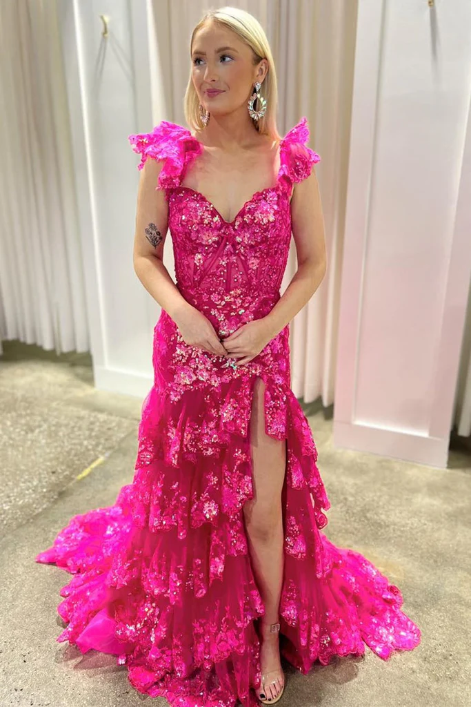 Off Shoulder Sequin Lace Tulle Tiered Long Sweep Train Prom Dress, Slit