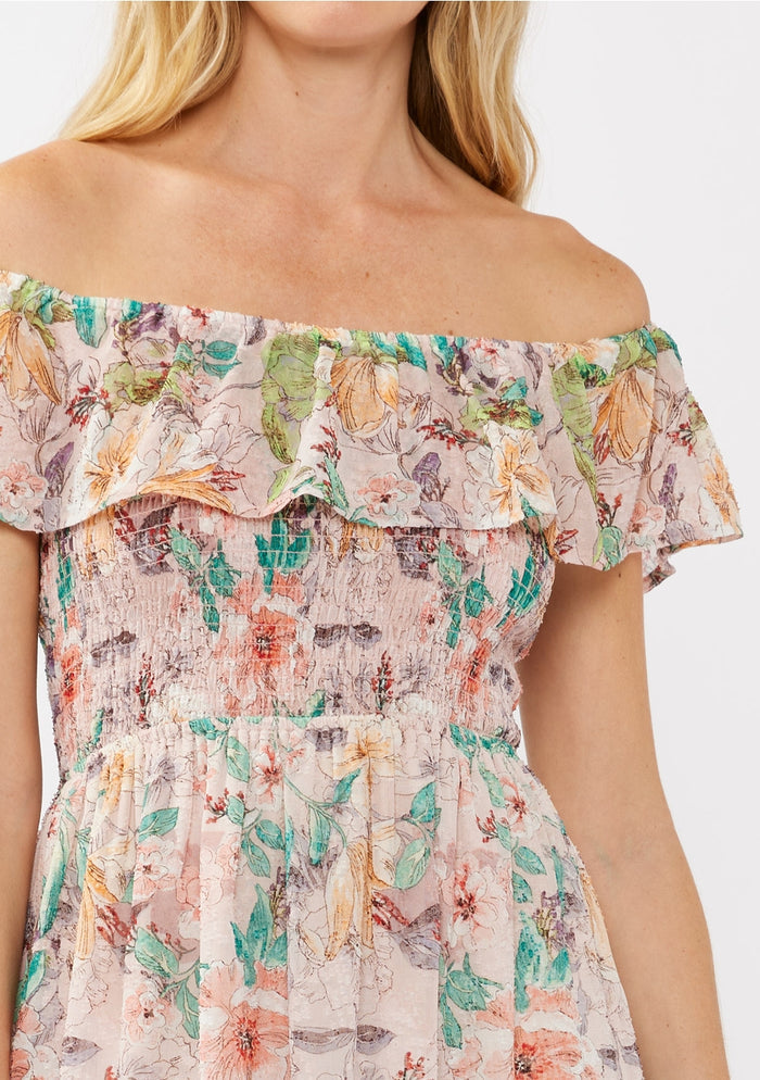 floral off shoulder dress neckline