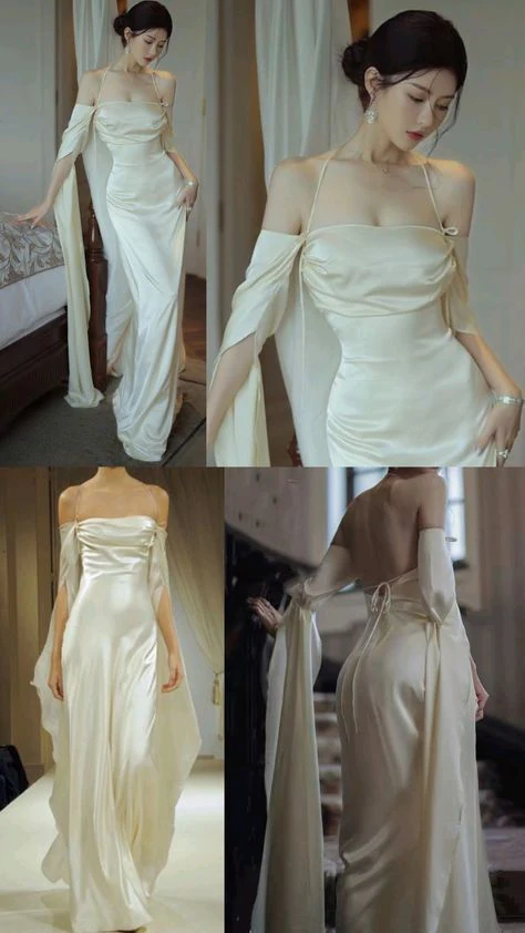 Off The Shoulder Floor-length Satin Long Sleeves Evening Dress Prom Dresses