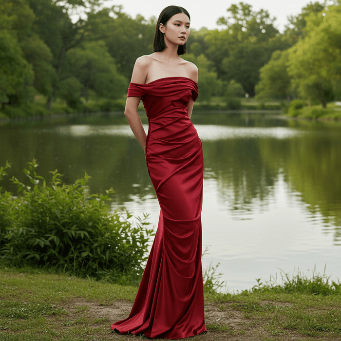 Off-the-Shoulder Ruched Mermaid Long Prom Dress with Leg Slit - Rosymae