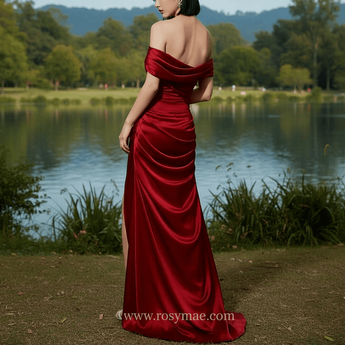 Off-the-Shoulder Ruched Mermaid Long Prom Dress with Leg Slit - Rosymae