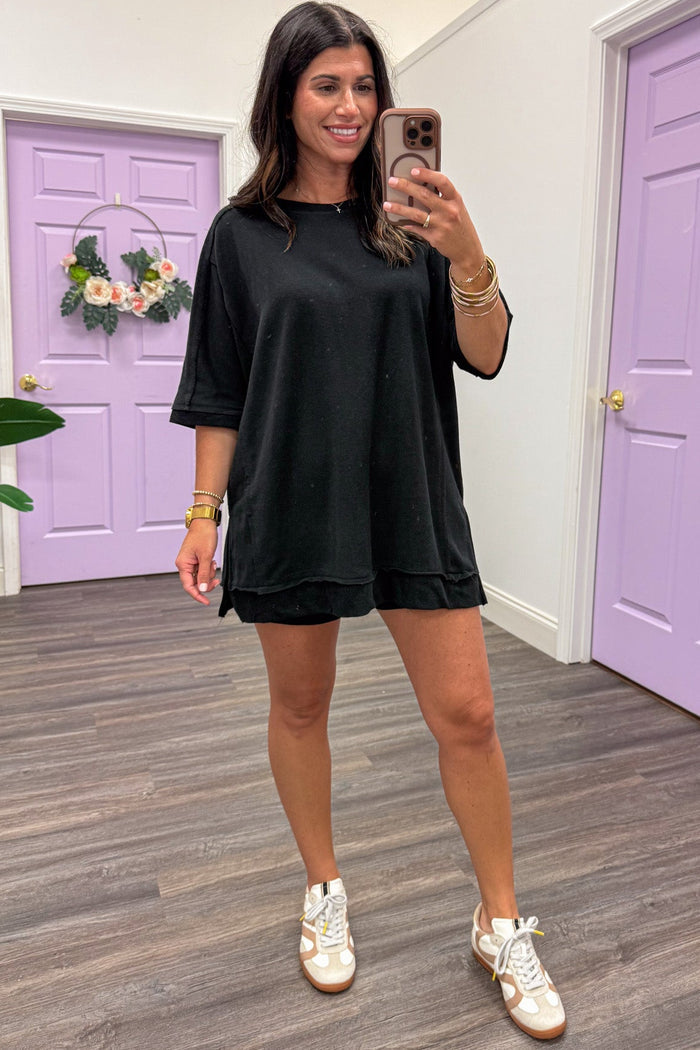 solid black reverse fabric detail pull-on elastic waist lounge athleisure shorts