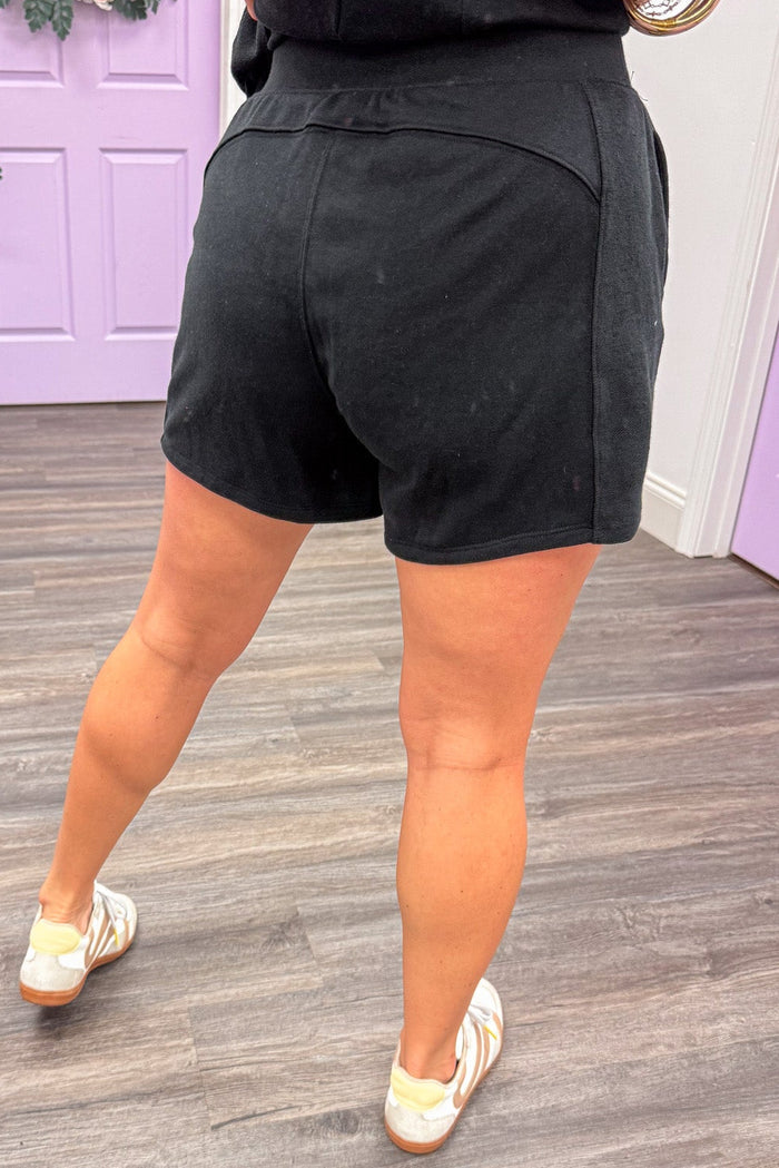 solid black reverse fabric detail elastic waist comfy loungewear shorts